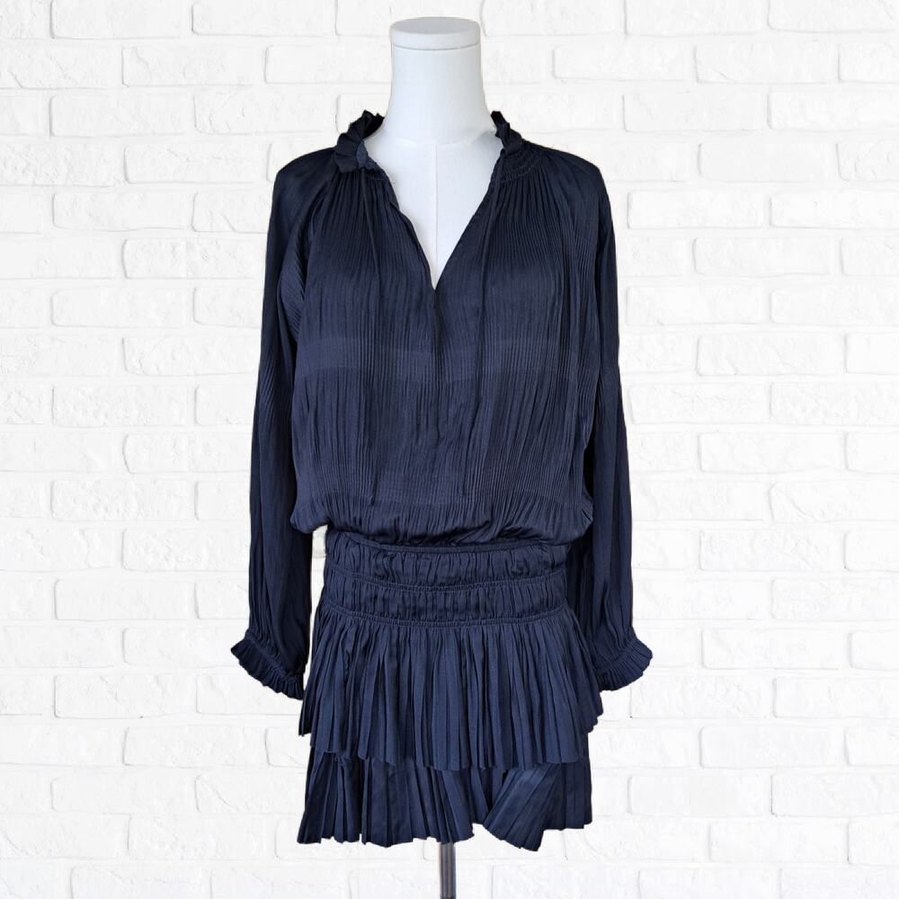 Current Air Navy Blue Plissé Pleated Mini Dress XS Blouson Smocked Waist Tiered
